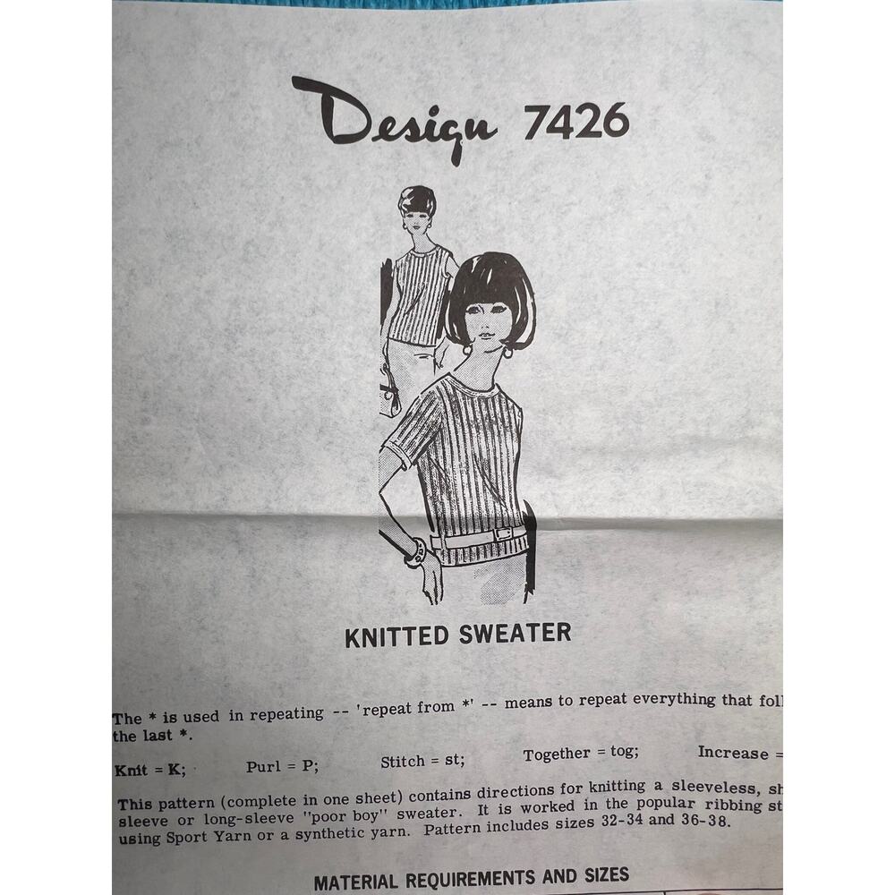 knitting pattern 7426 ribbed short sleeve sleevless sweater 1960s Size 32-38